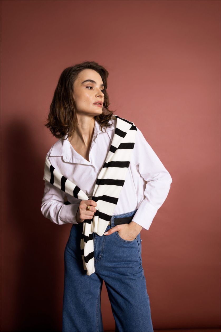 حريمي أبيض قميص كتان كم طويل اوفر سايز