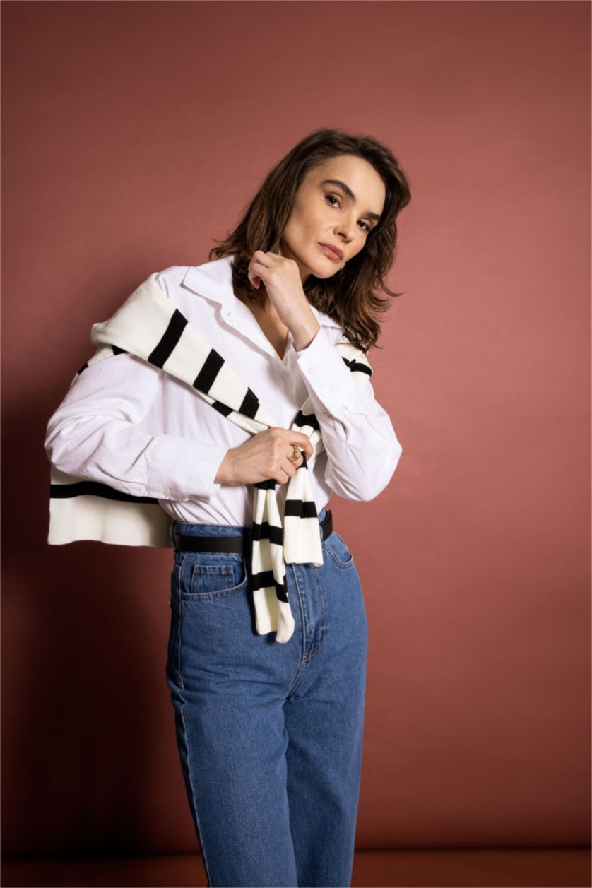 حريمي أبيض قميص كتان كم طويل اوفر سايز