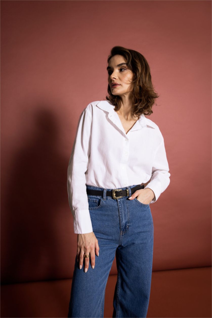 حريمي أبيض قميص كتان كم طويل اوفر سايز