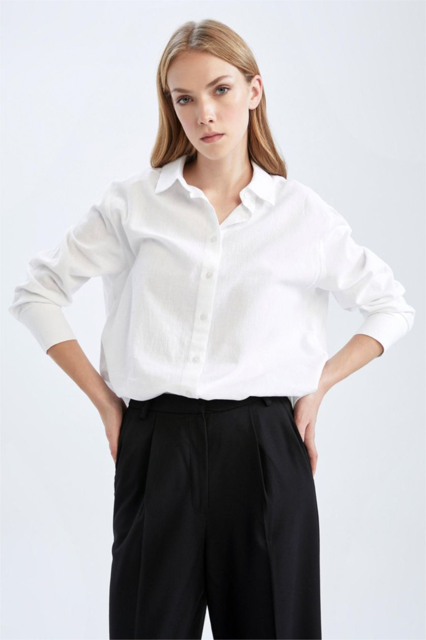 حريمي أبيض قميص كتان كم طويل اوفر سايز