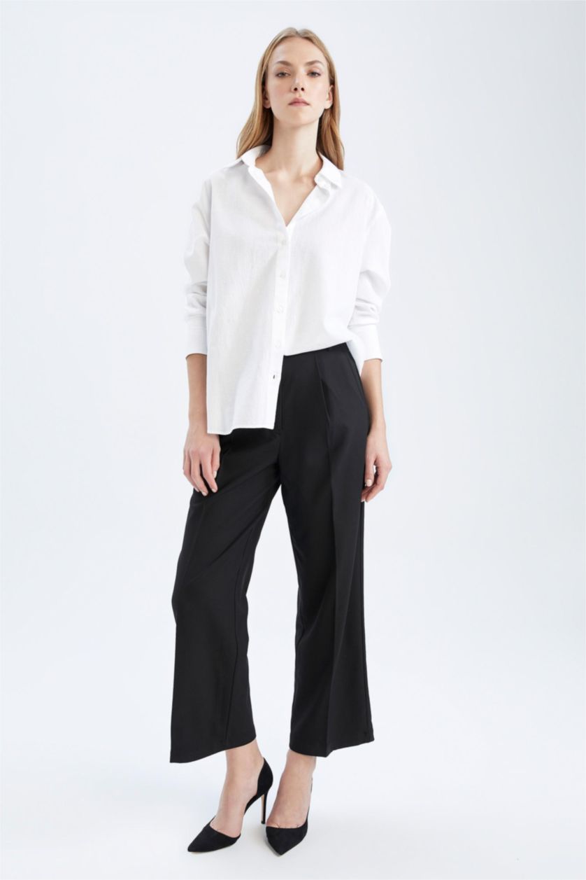 حريمي أبيض قميص كتان كم طويل اوفر سايز