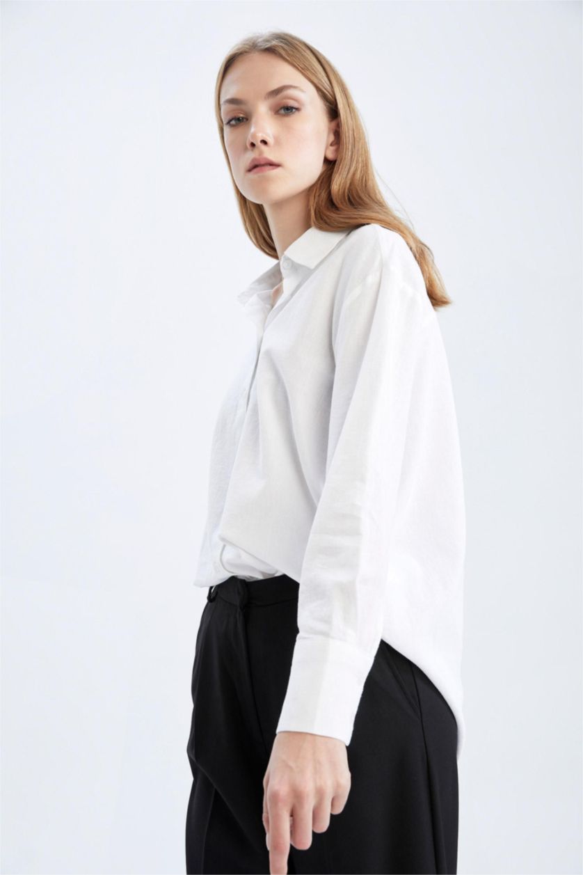 حريمي أبيض قميص كتان كم طويل اوفر سايز