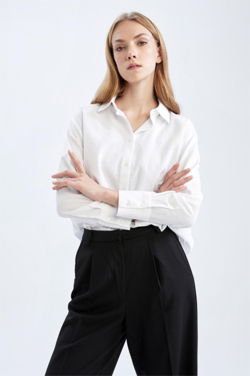 حريمي أبيض قميص كتان كم طويل اوفر سايز