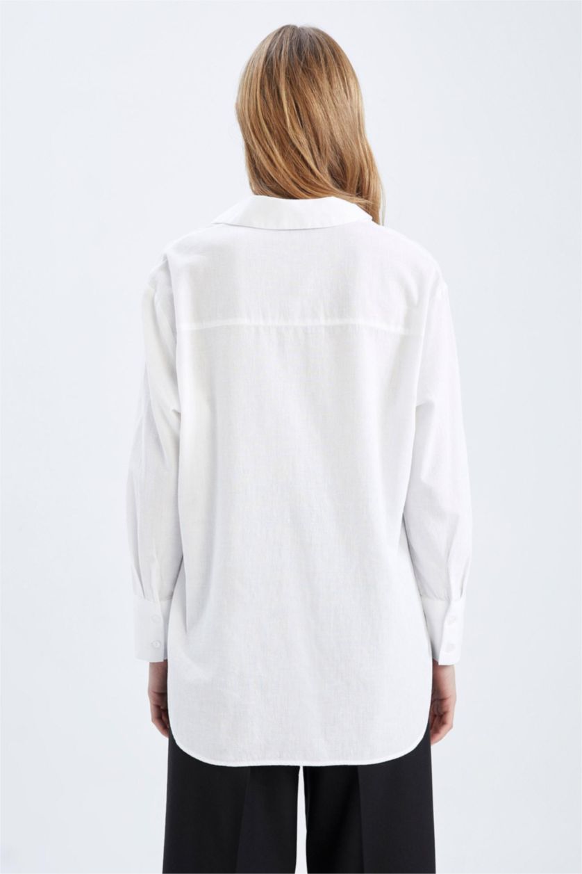 حريمي أبيض قميص كتان كم طويل اوفر سايز