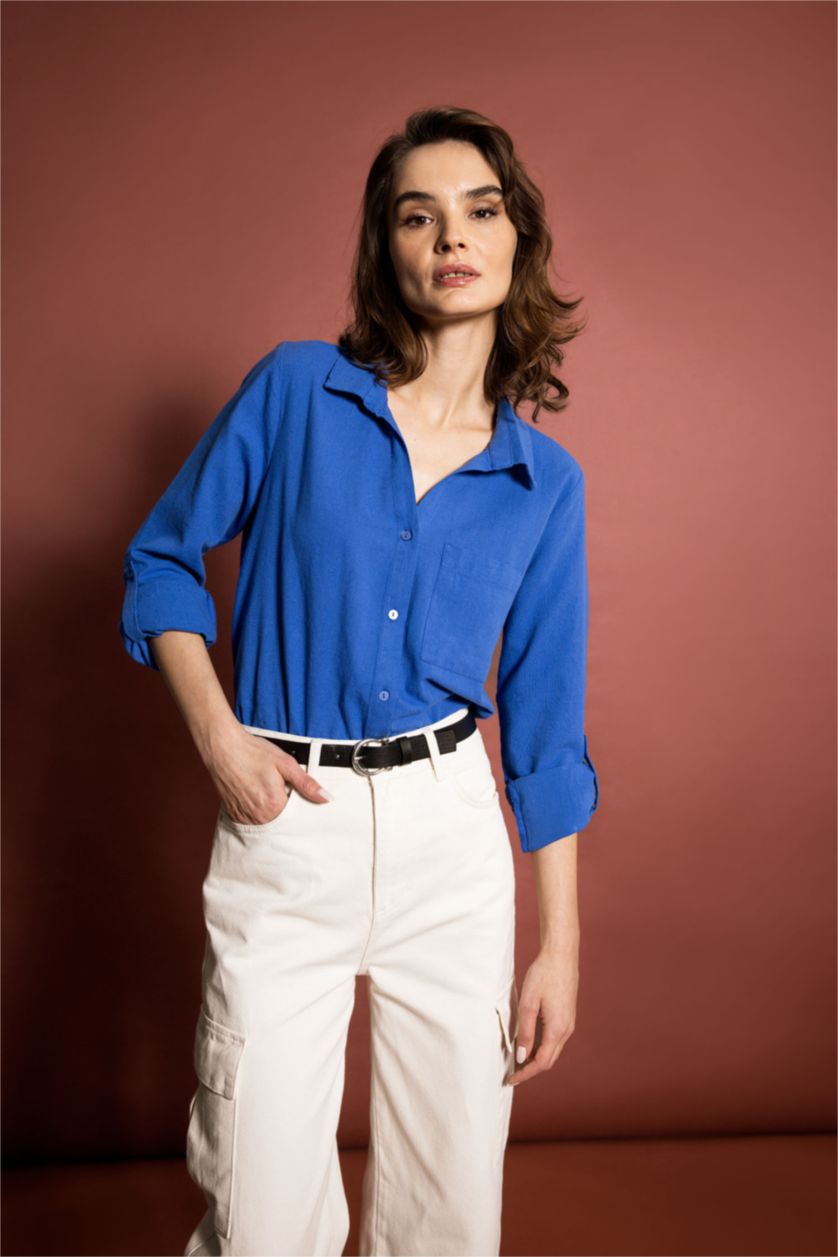 FEMME Bleu Chemise Coupe Classique À Manches Longues Aspect Lin