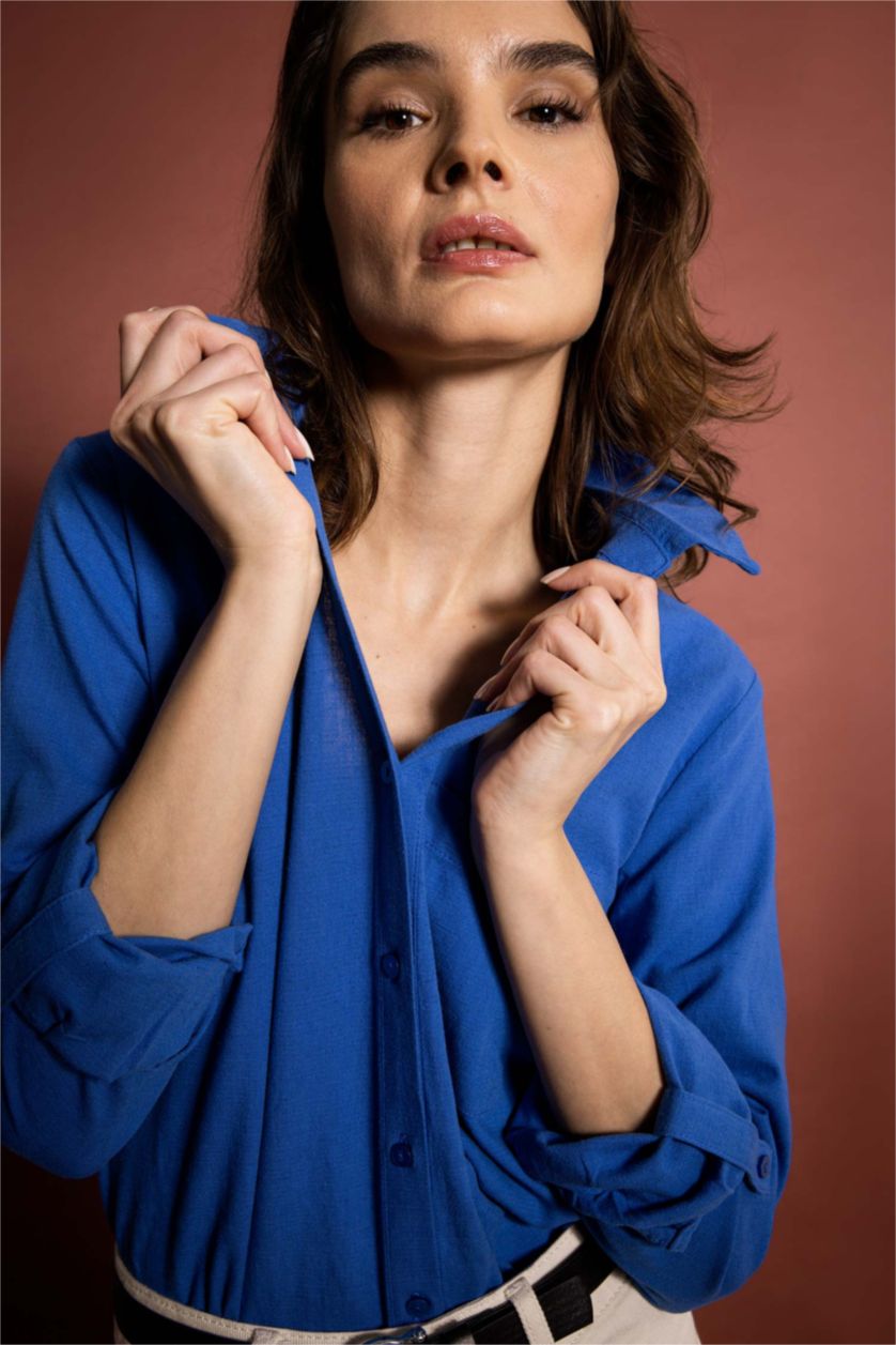 FEMME Bleu Chemise Coupe Classique À Manches Longues Aspect Lin