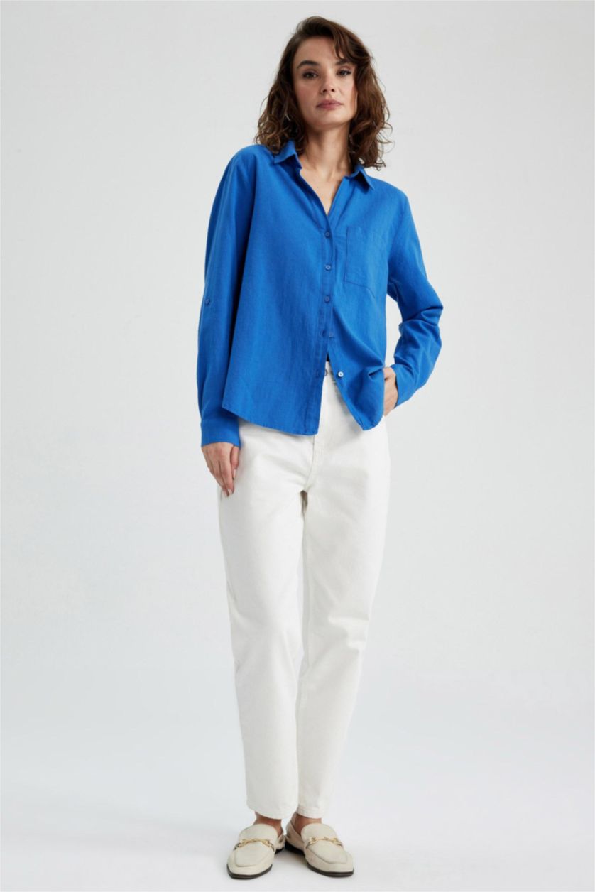 FEMME Bleu Chemise Coupe Classique À Manches Longues Aspect Lin