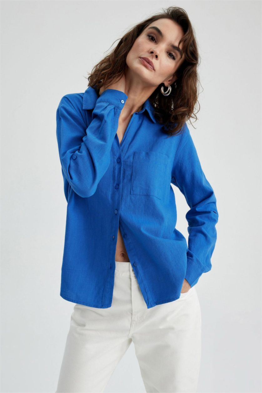 FEMME Bleu Chemise Coupe Classique À Manches Longues Aspect Lin