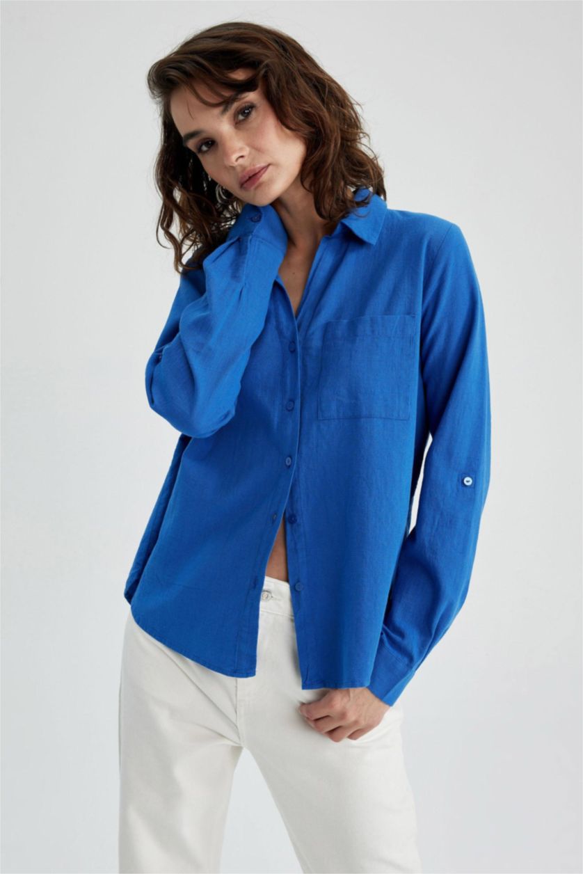 FEMME Bleu Chemise Coupe Classique À Manches Longues Aspect Lin