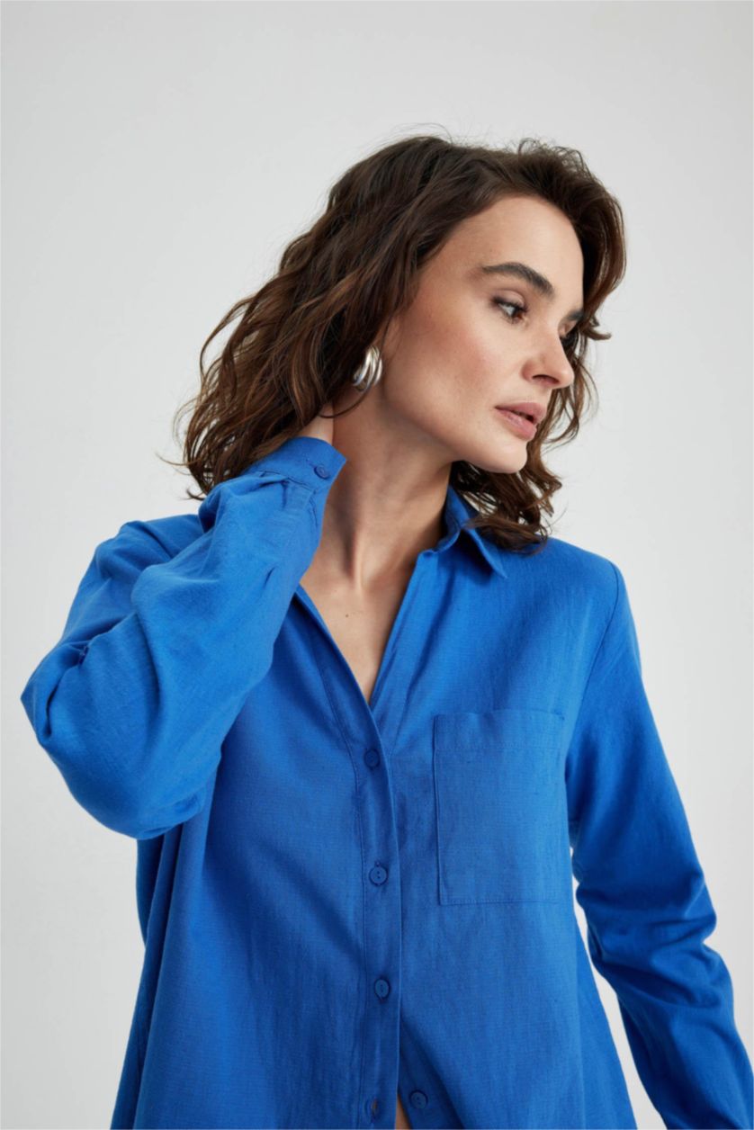 FEMME Bleu Chemise Coupe Classique À Manches Longues Aspect Lin