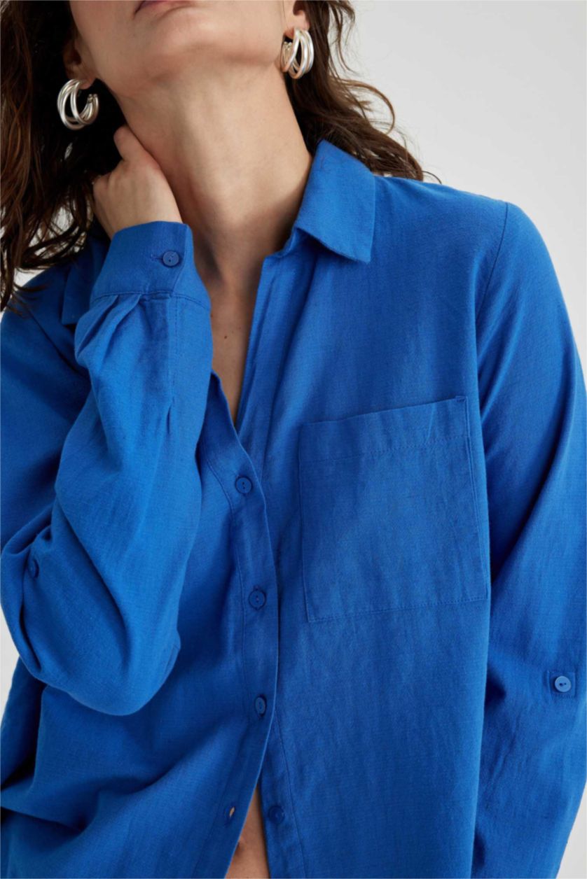 FEMME Bleu Chemise Coupe Classique À Manches Longues Aspect Lin