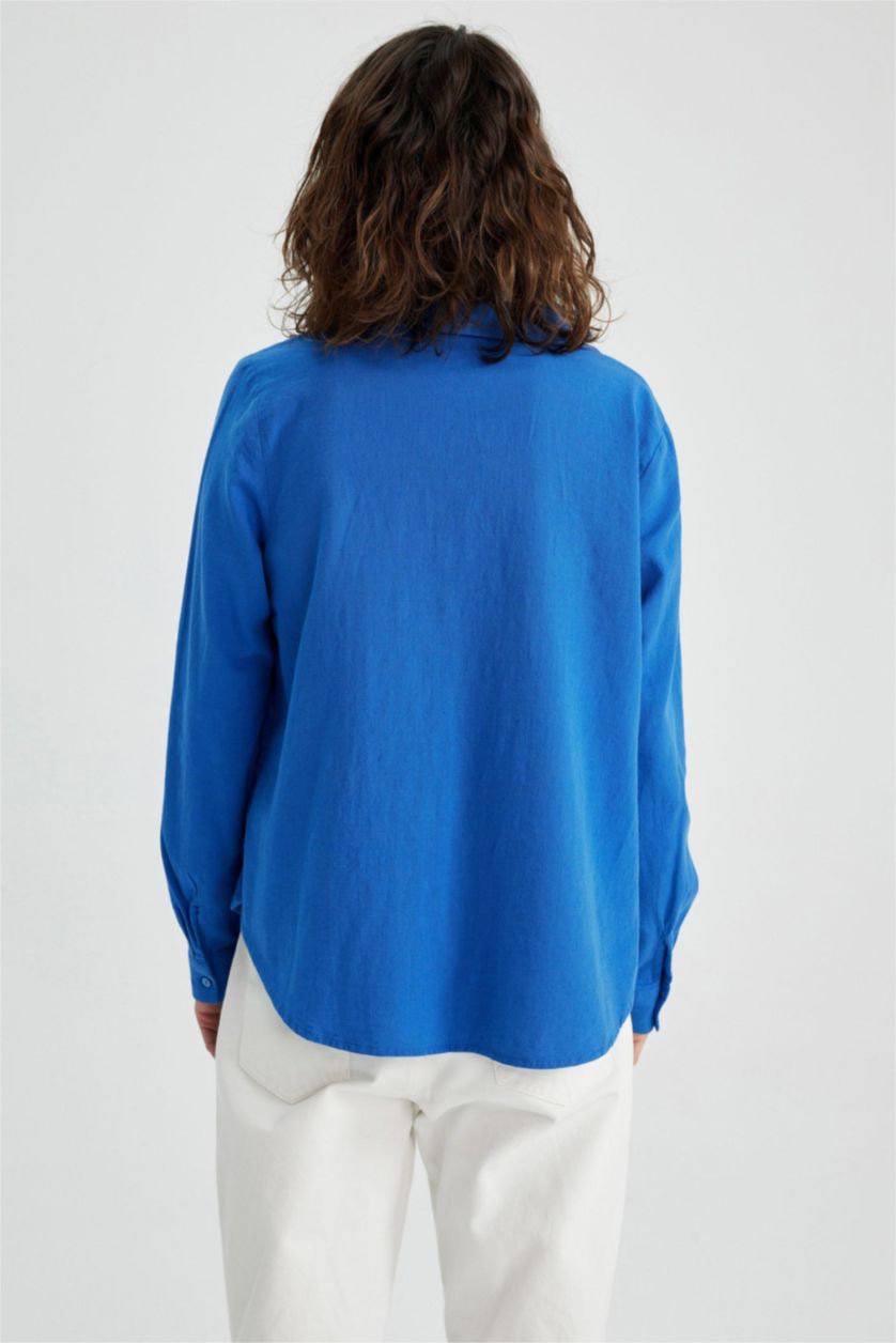 FEMME Bleu Chemise Coupe Classique À Manches Longues Aspect Lin