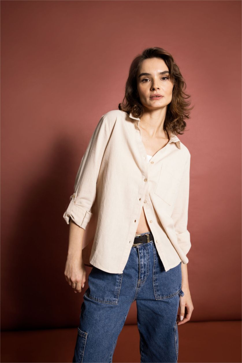WOMAN Beige Regular Fit Linen Blended Long Sleeve Shirt