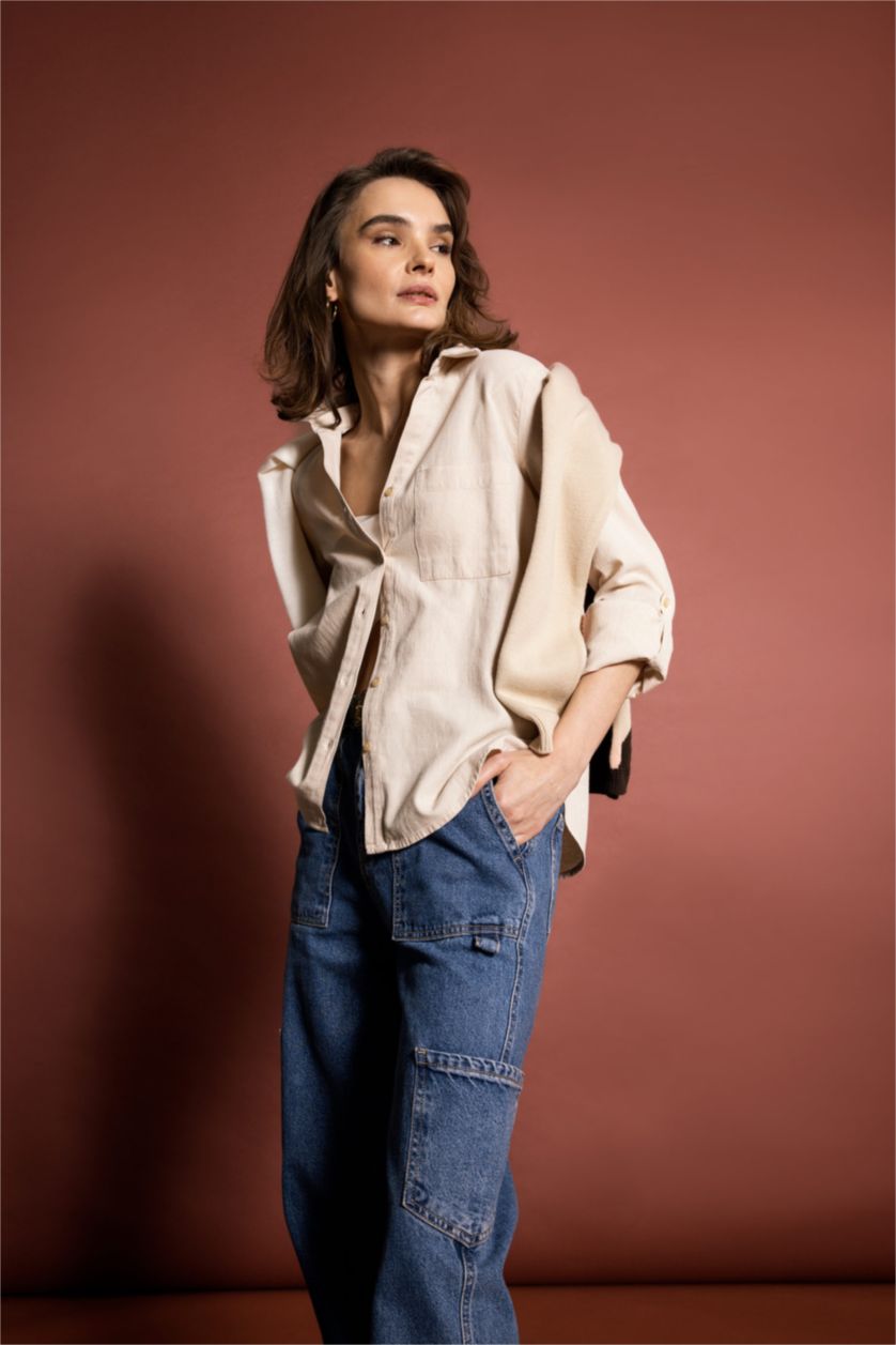 WOMAN Beige Regular Fit Linen Blended Long Sleeve Shirt