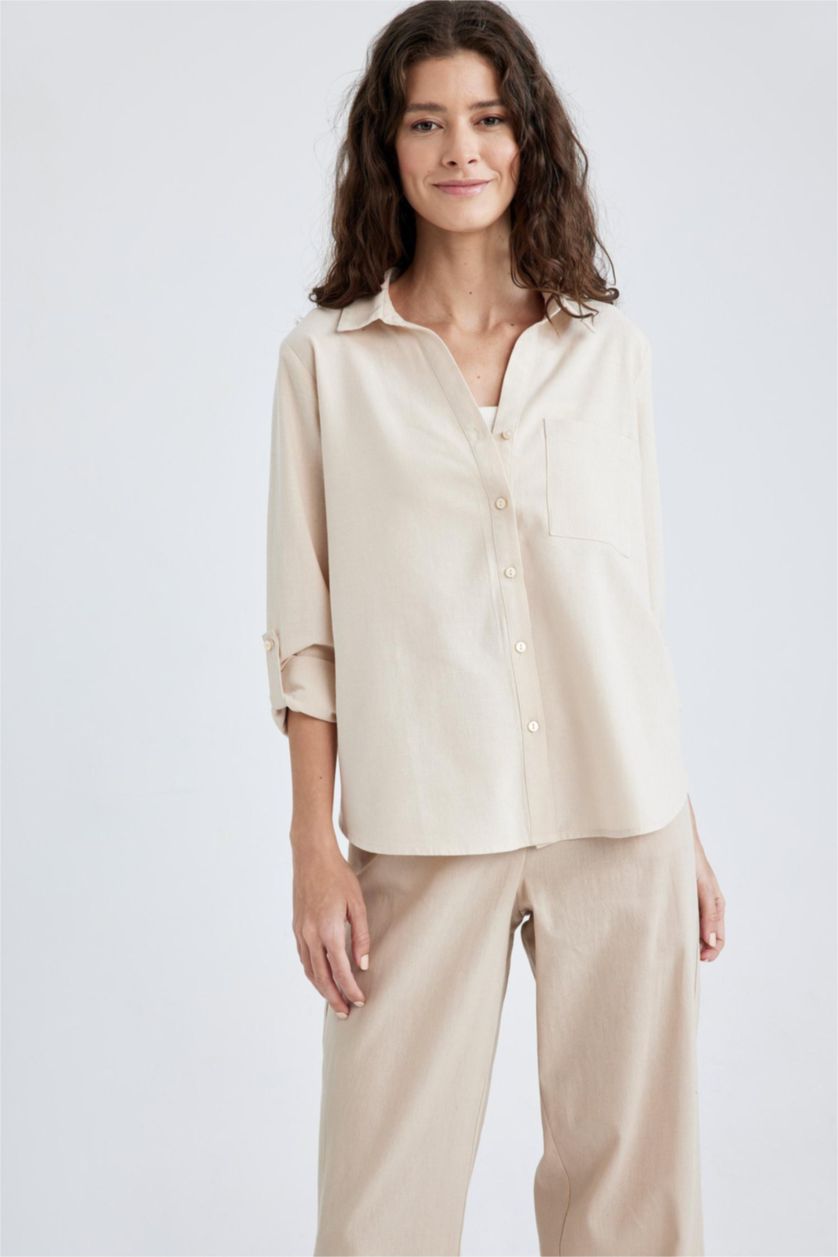 WOMAN Beige Regular Fit Linen Blended Long Sleeve Shirt