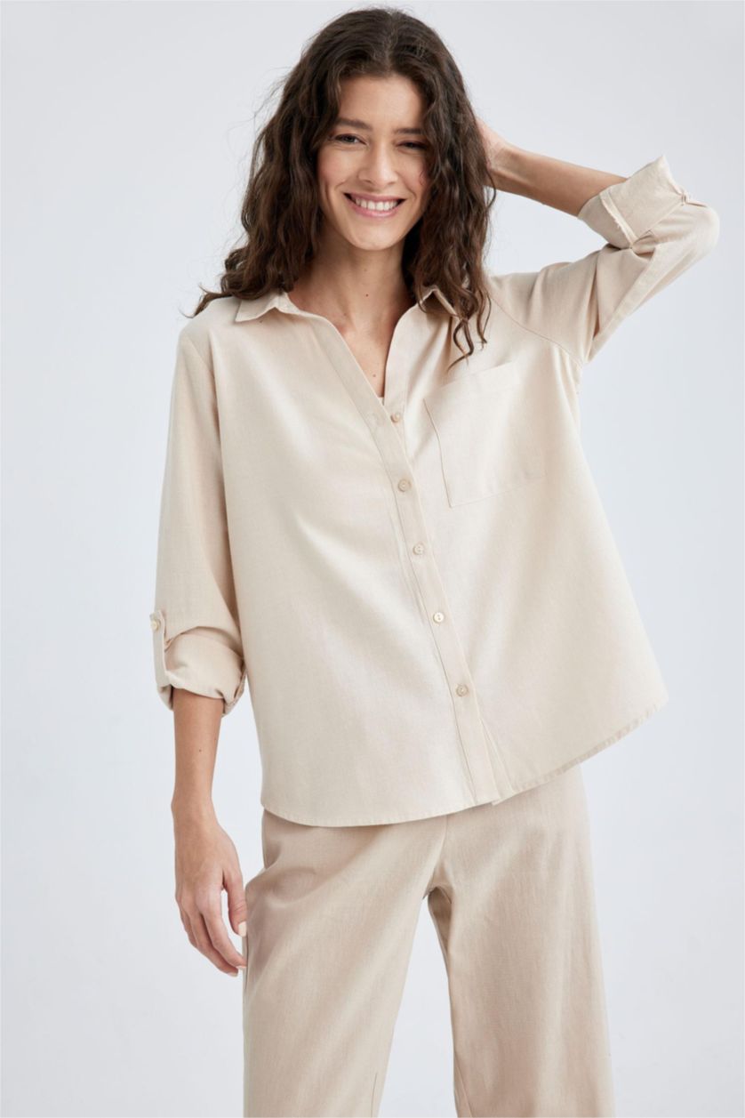 WOMAN Beige Regular Fit Linen Blended Long Sleeve Shirt