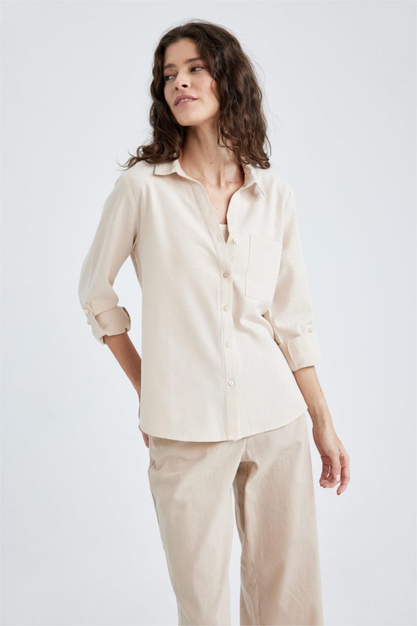 WOMAN Beige Regular Fit Linen Blended Long Sleeve Shirt