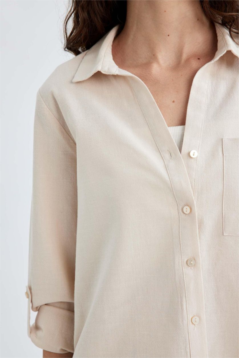 WOMAN Beige Regular Fit Linen Blended Long Sleeve Shirt