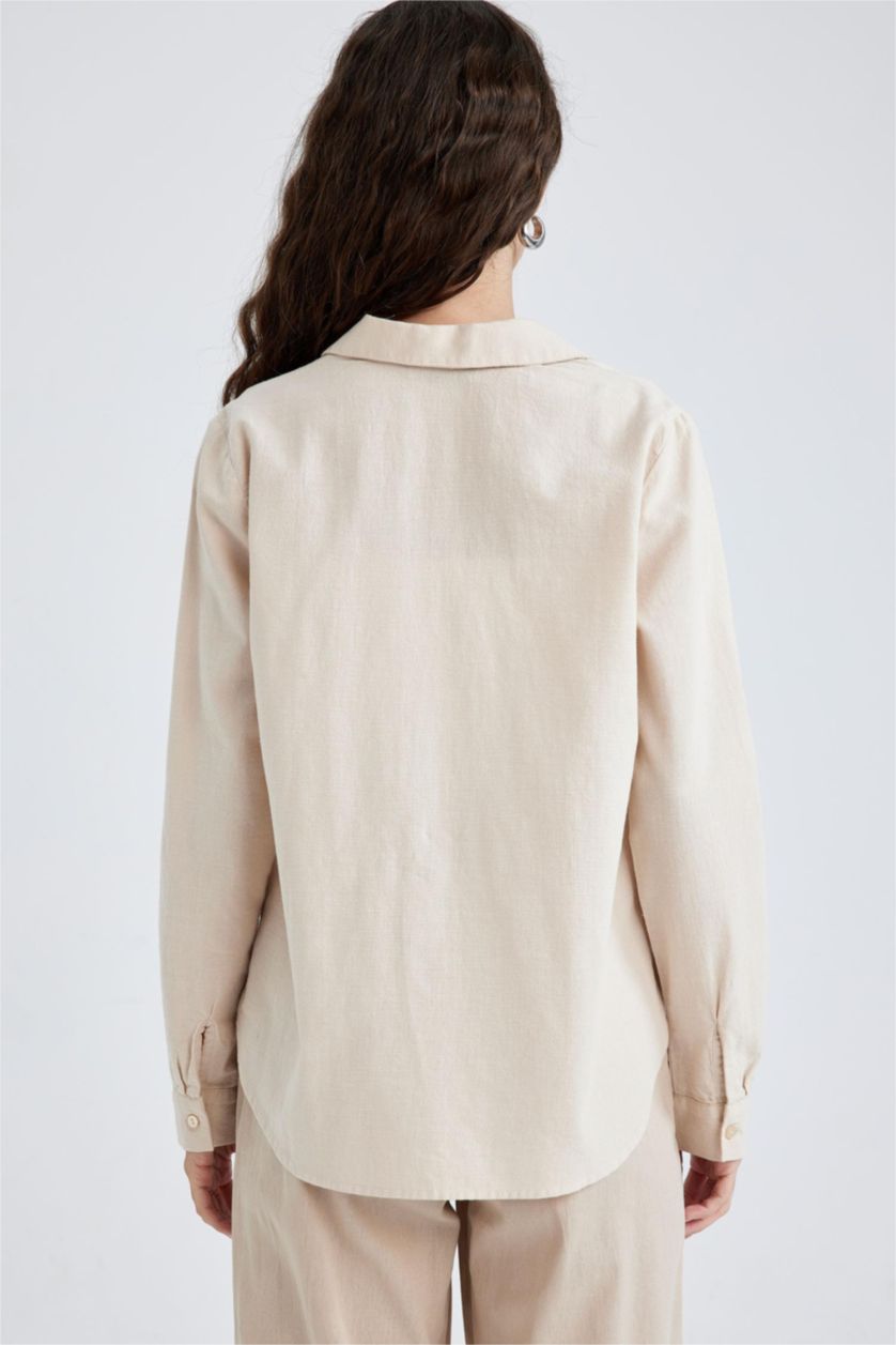 WOMAN Beige Regular Fit Linen Blended Long Sleeve Shirt