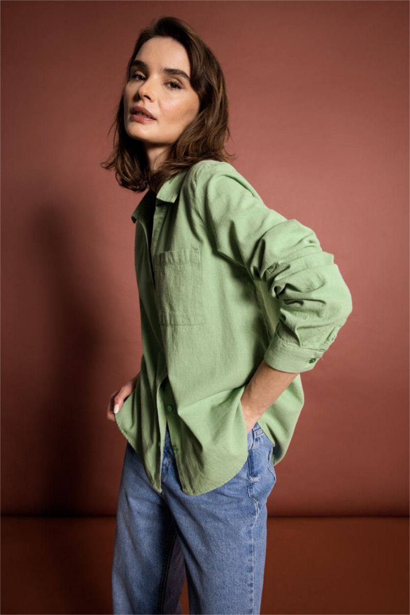 FEMME Vert Chemise Coupe Classique À Manches Longues Aspect Lin