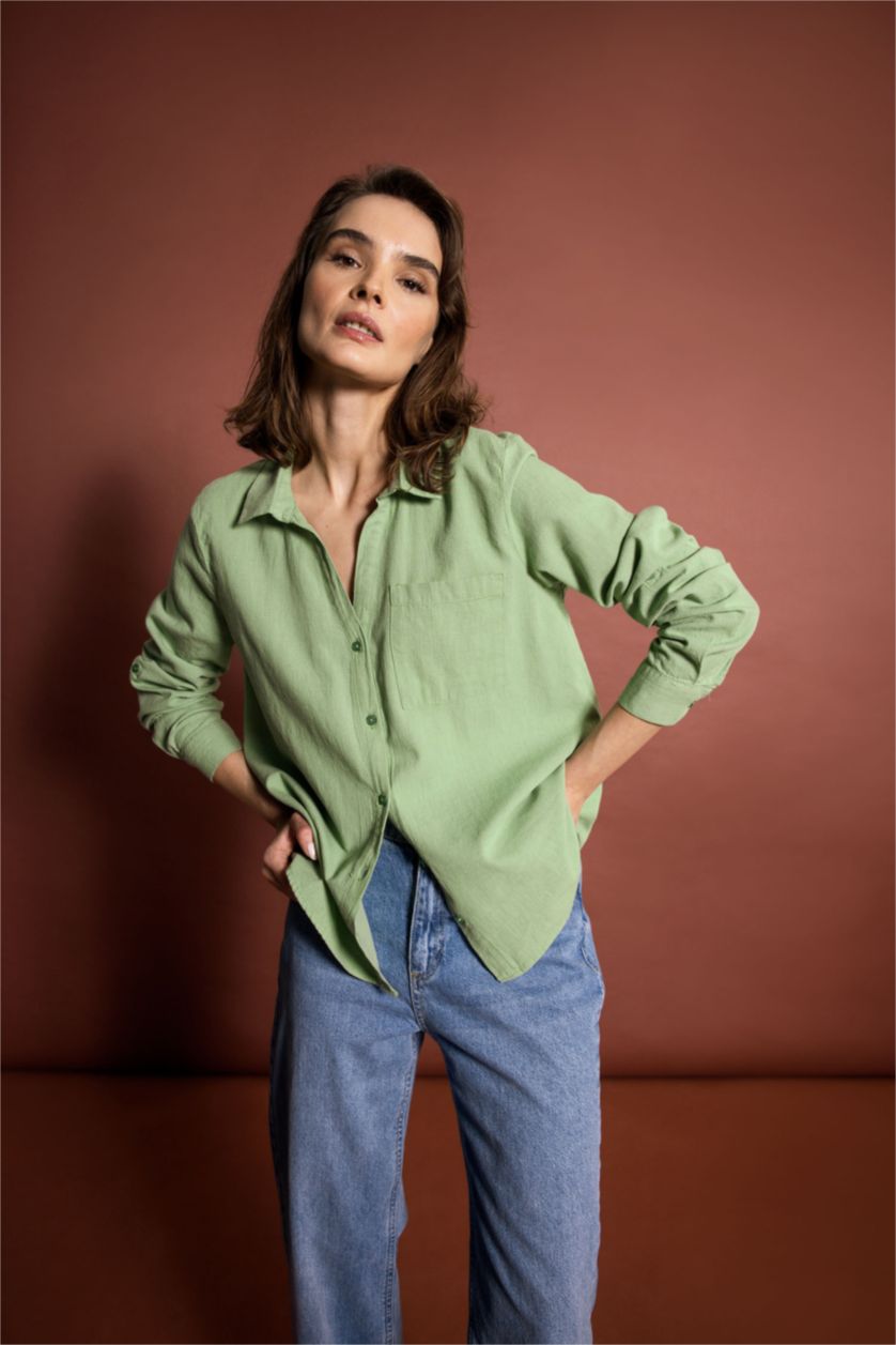 FEMME Vert Chemise Coupe Classique À Manches Longues Aspect Lin