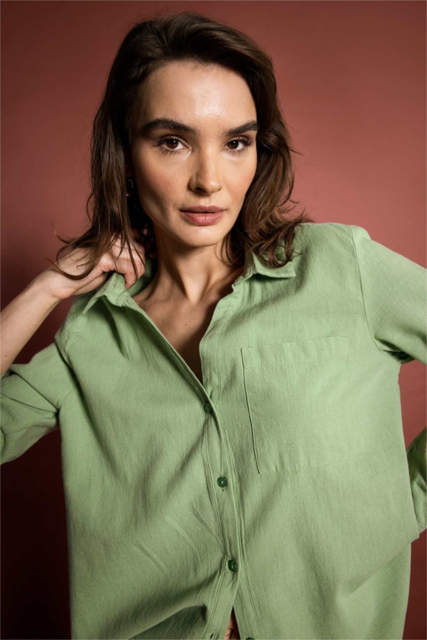 FEMME Vert Chemise Coupe Classique À Manches Longues Aspect Lin