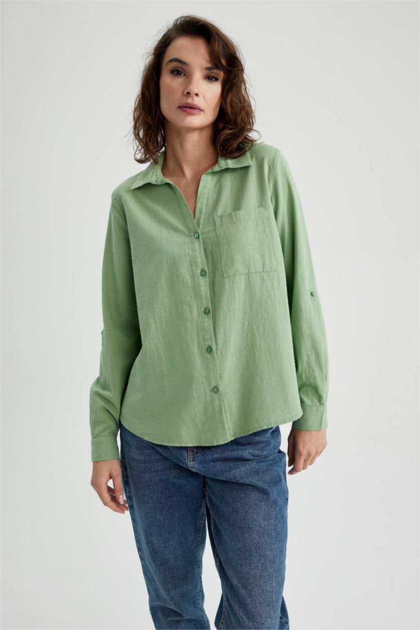 FEMME Vert Chemise Coupe Classique À Manches Longues Aspect Lin