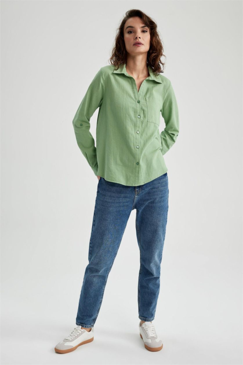 FEMME Vert Chemise Coupe Classique À Manches Longues Aspect Lin