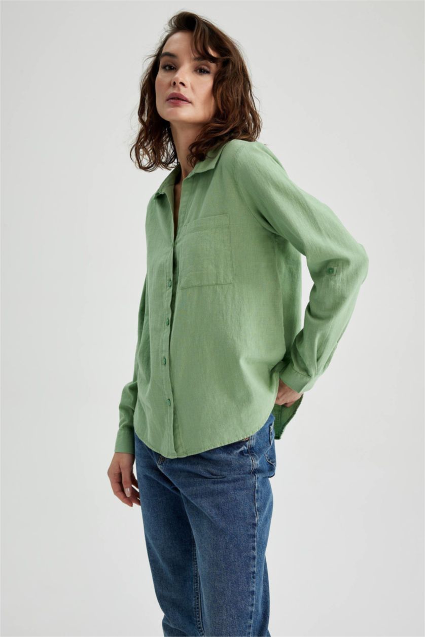 FEMME Vert Chemise Coupe Classique À Manches Longues Aspect Lin