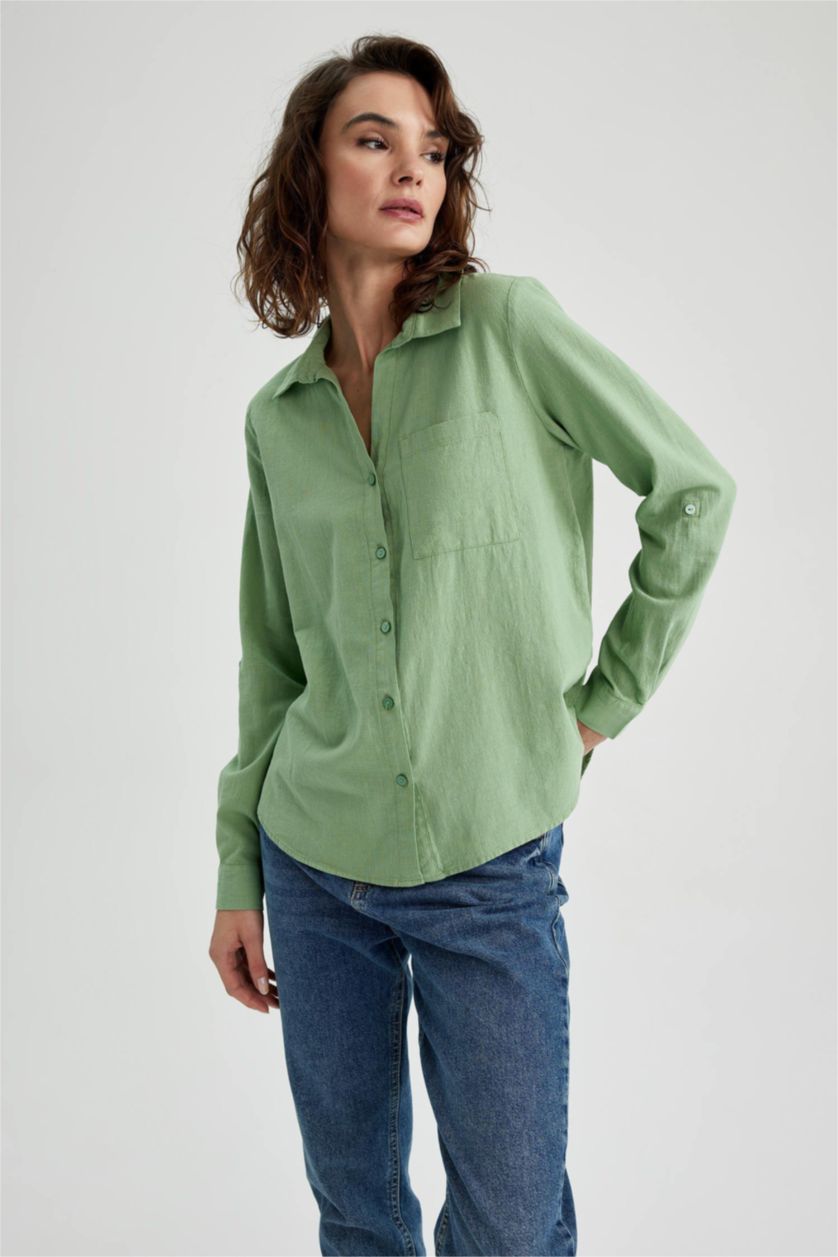 FEMME Vert Chemise Coupe Classique À Manches Longues Aspect Lin