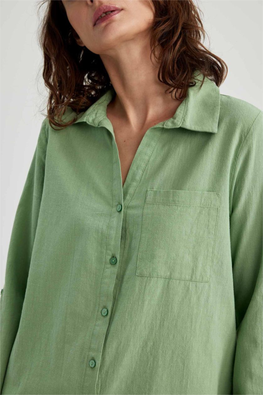 FEMME Vert Chemise Coupe Classique À Manches Longues Aspect Lin