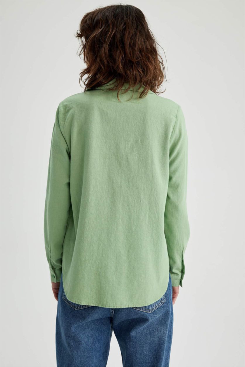 FEMME Vert Chemise Coupe Classique À Manches Longues Aspect Lin