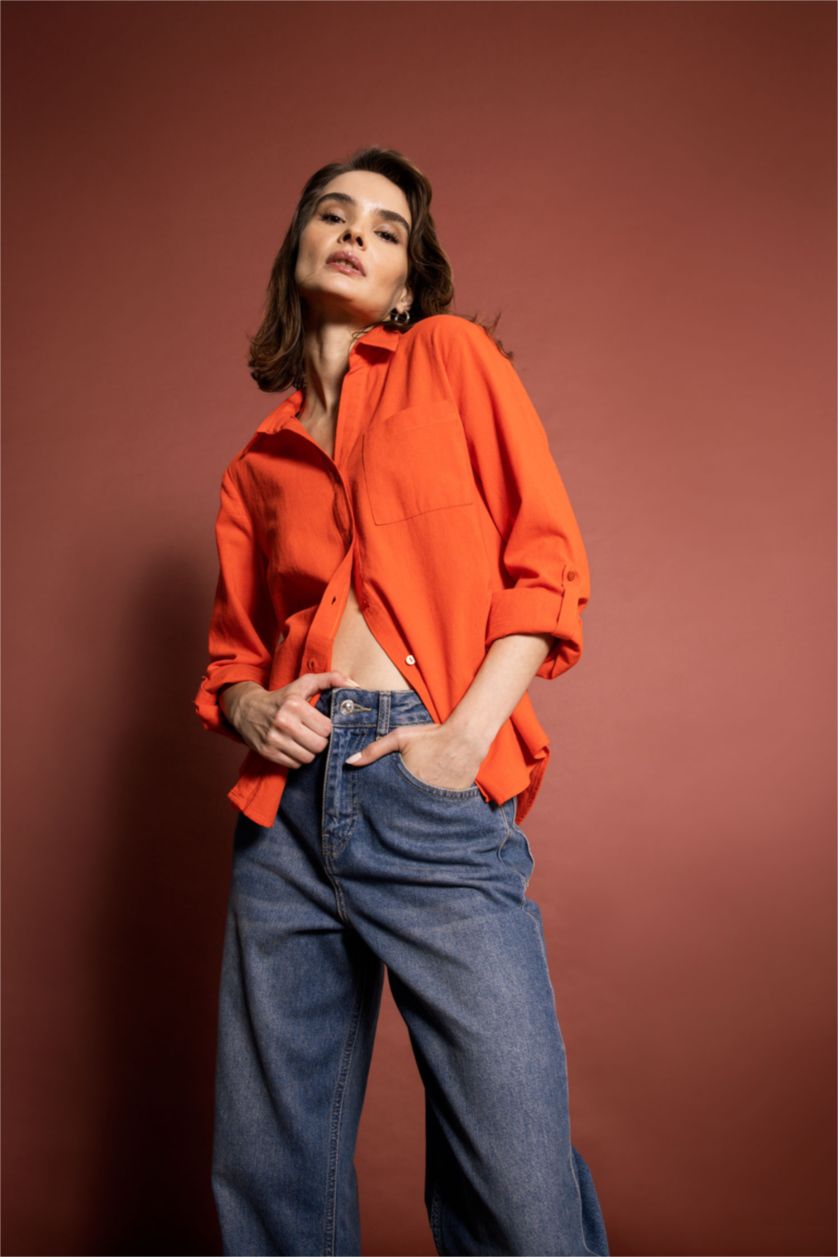 حريمي أحمر قميص كتان كم طويل قصة عادية