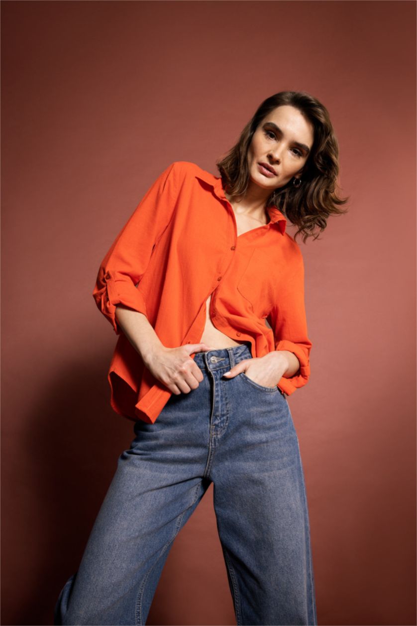 حريمي أحمر قميص كتان كم طويل قصة عادية