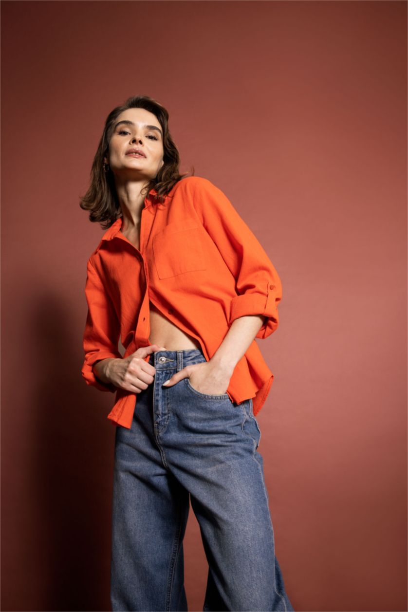 حريمي أحمر قميص كتان كم طويل قصة عادية