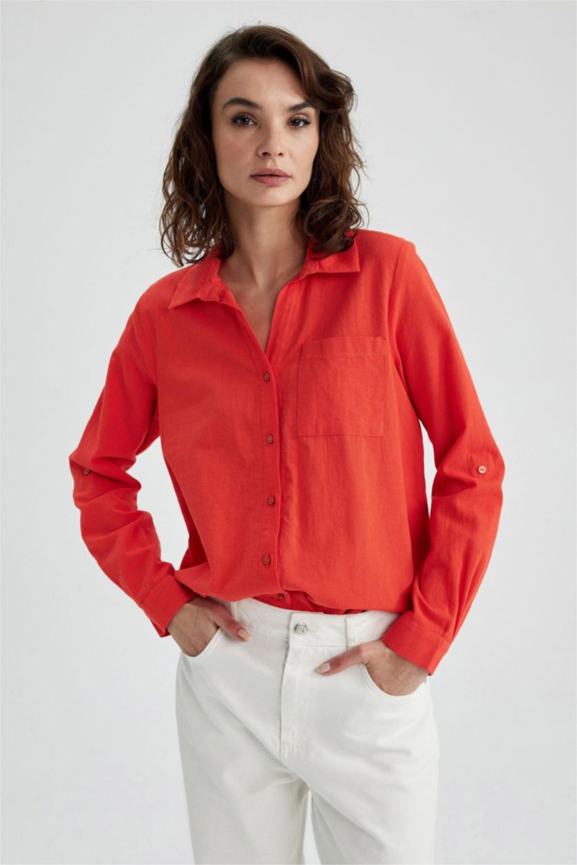 حريمي أحمر قميص كتان كم طويل قصة عادية