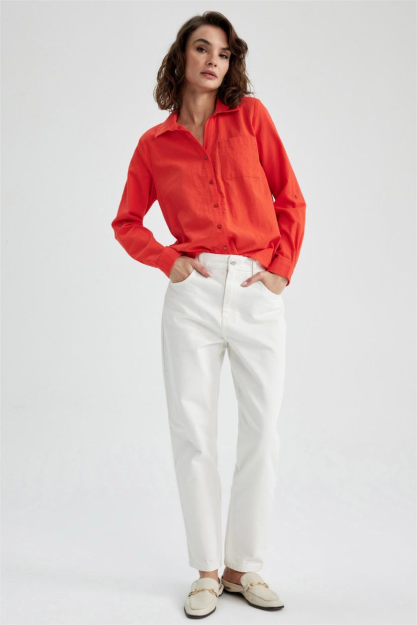 حريمي أحمر قميص كتان كم طويل قصة عادية