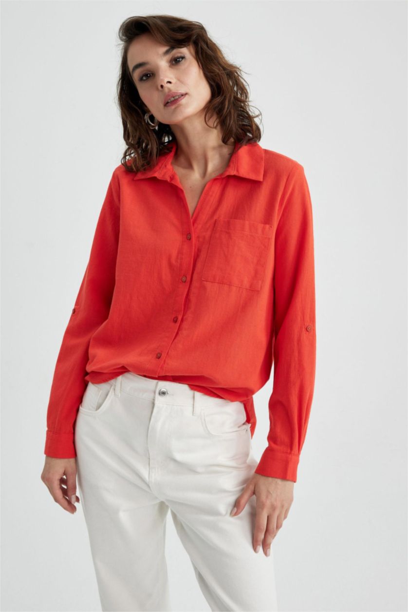 حريمي أحمر قميص كتان كم طويل قصة عادية