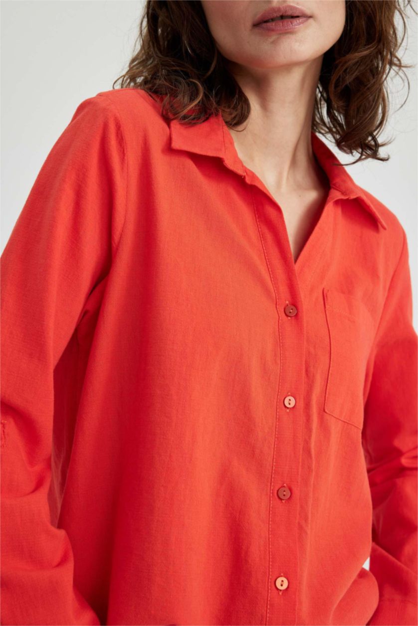 حريمي أحمر قميص كتان كم طويل قصة عادية