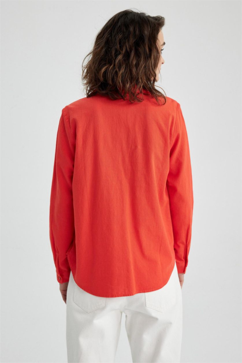 حريمي أحمر قميص كتان كم طويل قصة عادية