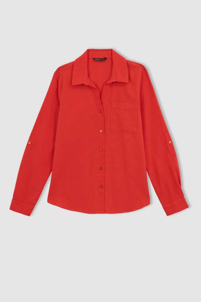 حريمي أحمر قميص كتان كم طويل قصة عادية