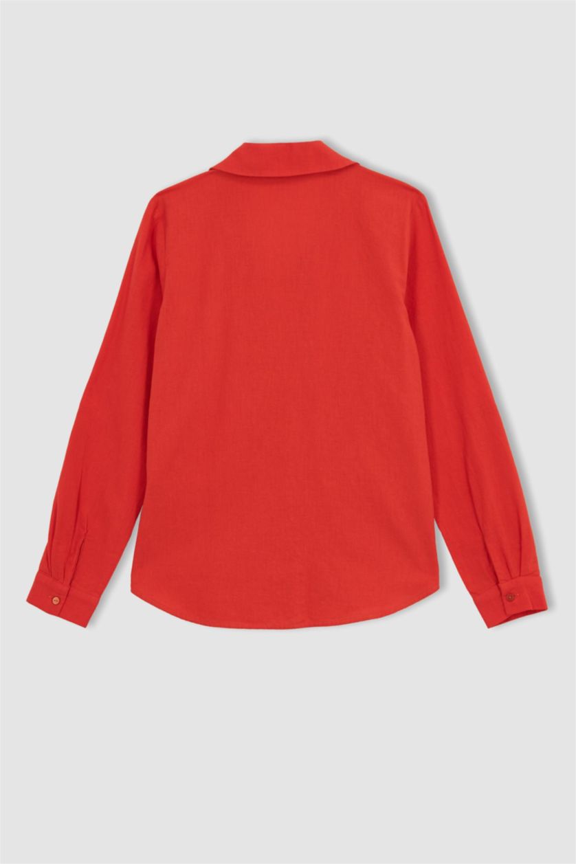 حريمي أحمر قميص كتان كم طويل قصة عادية