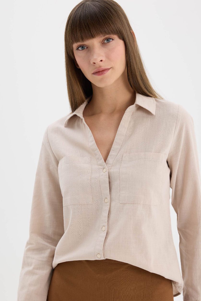 Woman Beige Regular Fit Shirt Collar Linen Blend Shirt