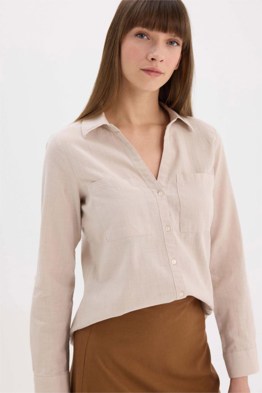 Woman Beige Regular Fit Shirt Collar Linen Blend Shirt