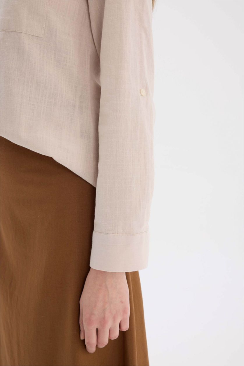 Woman Beige Regular Fit Shirt Collar Linen Blend Shirt