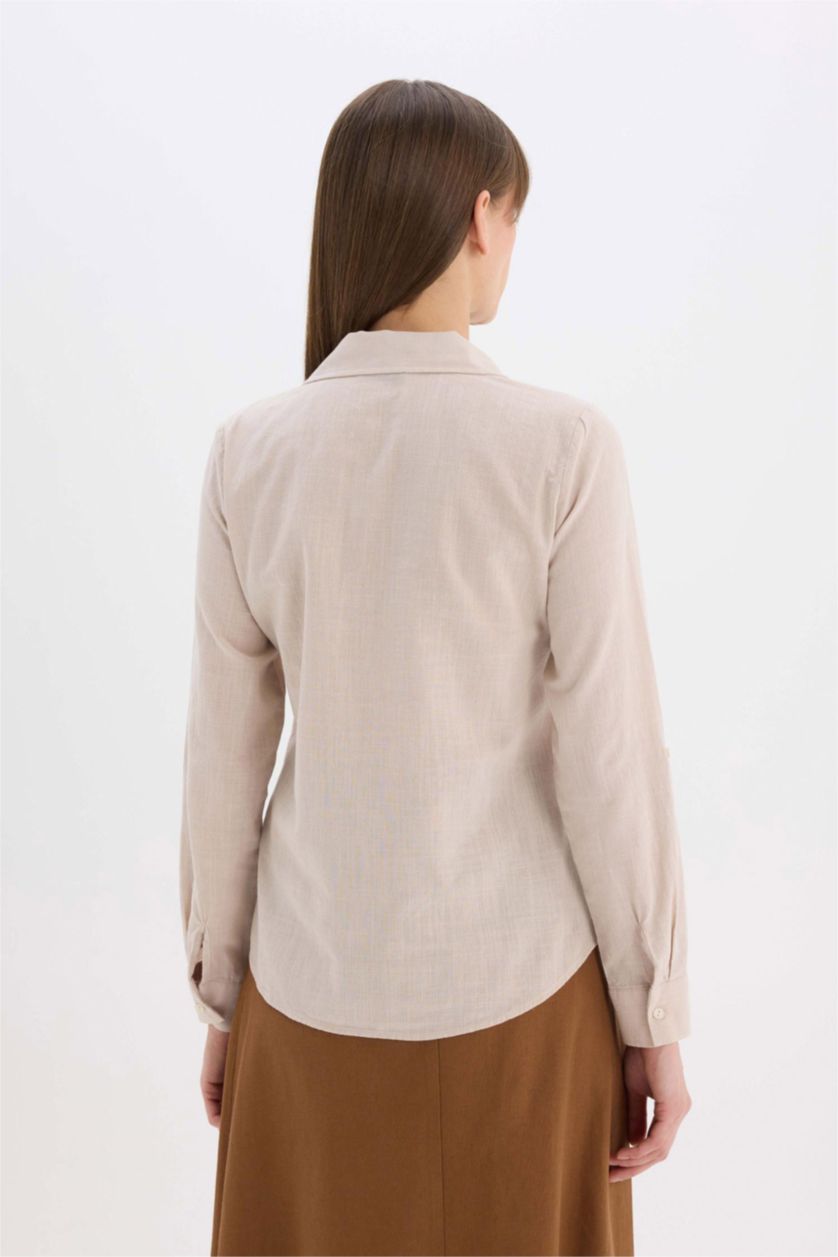 Woman Beige Regular Fit Shirt Collar Linen Blend Shirt