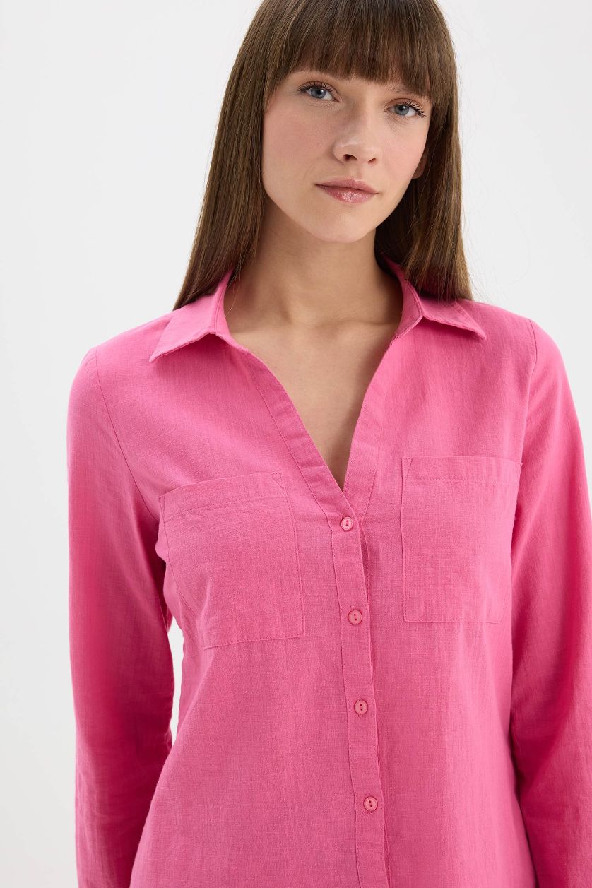 Woman Pink Regular Fit Shirt Collar Linen Blend Shirt