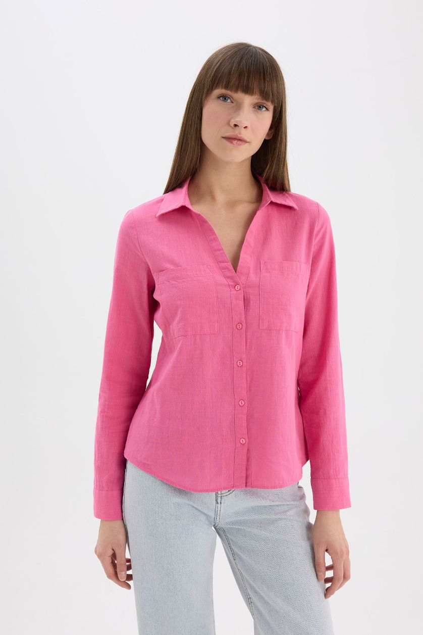 Woman Pink Regular Fit Shirt Collar Linen Blend Shirt