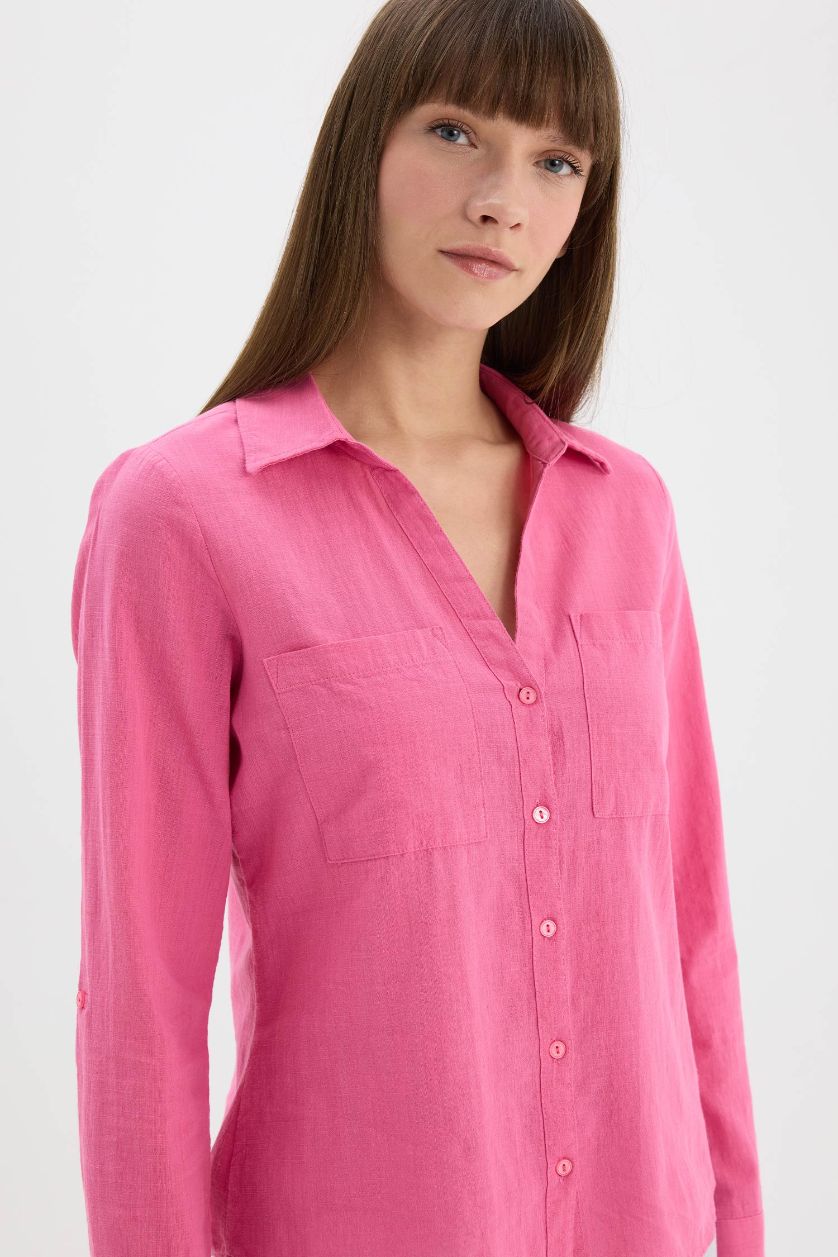 Woman Pink Regular Fit Shirt Collar Linen Blend Shirt