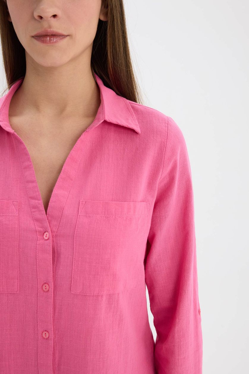 Woman Pink Regular Fit Shirt Collar Linen Blend Shirt